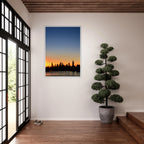 Manhattan skyline sunset framed poster featuring NYC cityscape wall art, printed on high-quality material.