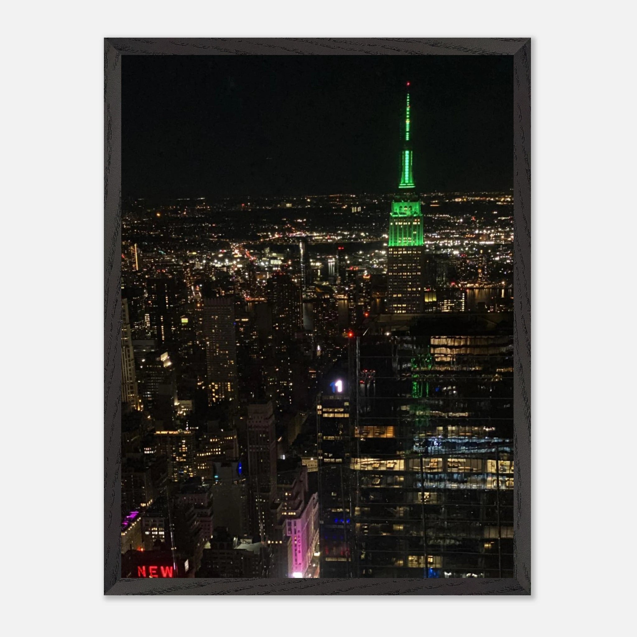 Wood mounted framed poster of NYC downtown night view with Empire State Building, part of My Store's travel collection print.