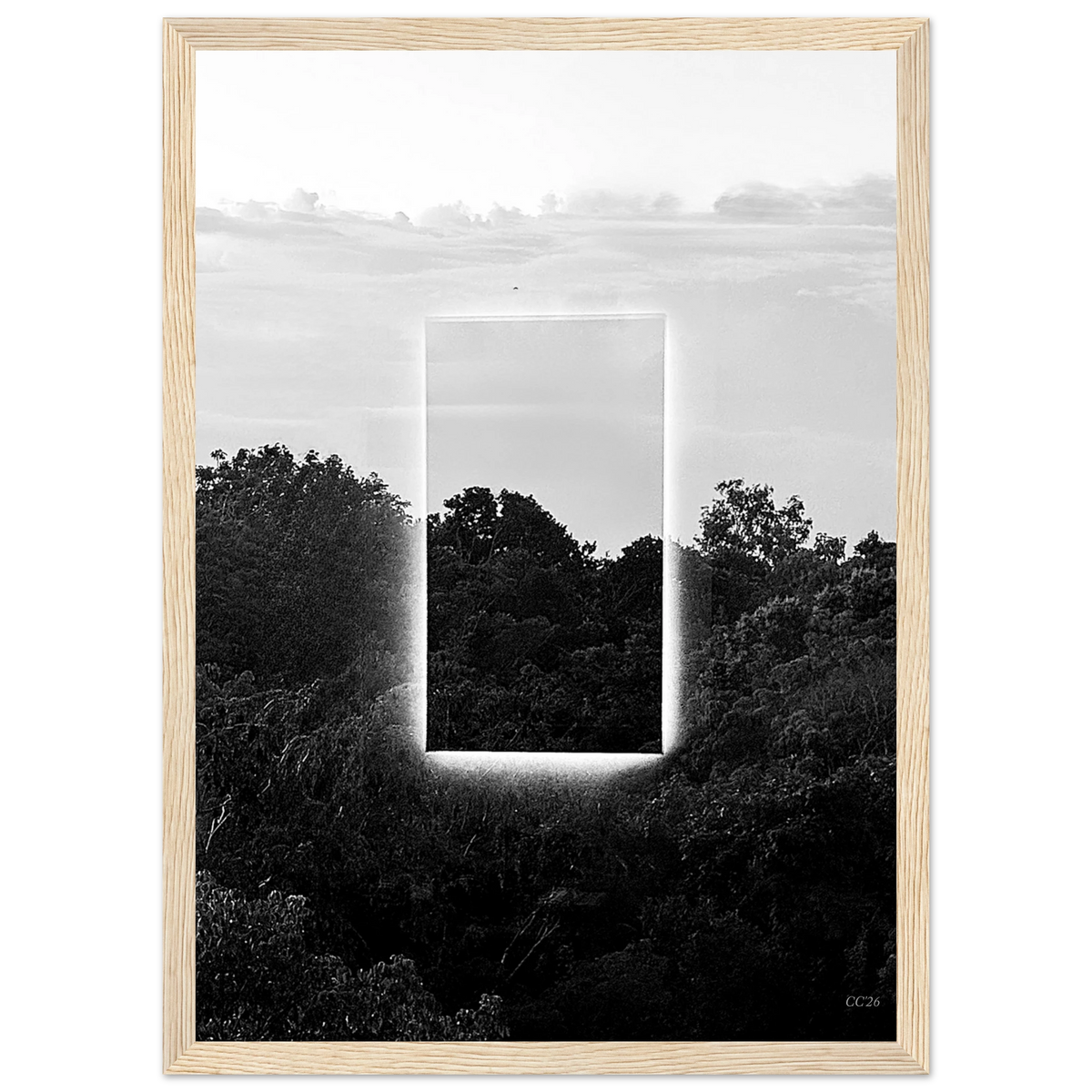 Black and white print titled "A Window into Jungle Stillness" by CaliCuration, showcasing a tranquil jungle scene.