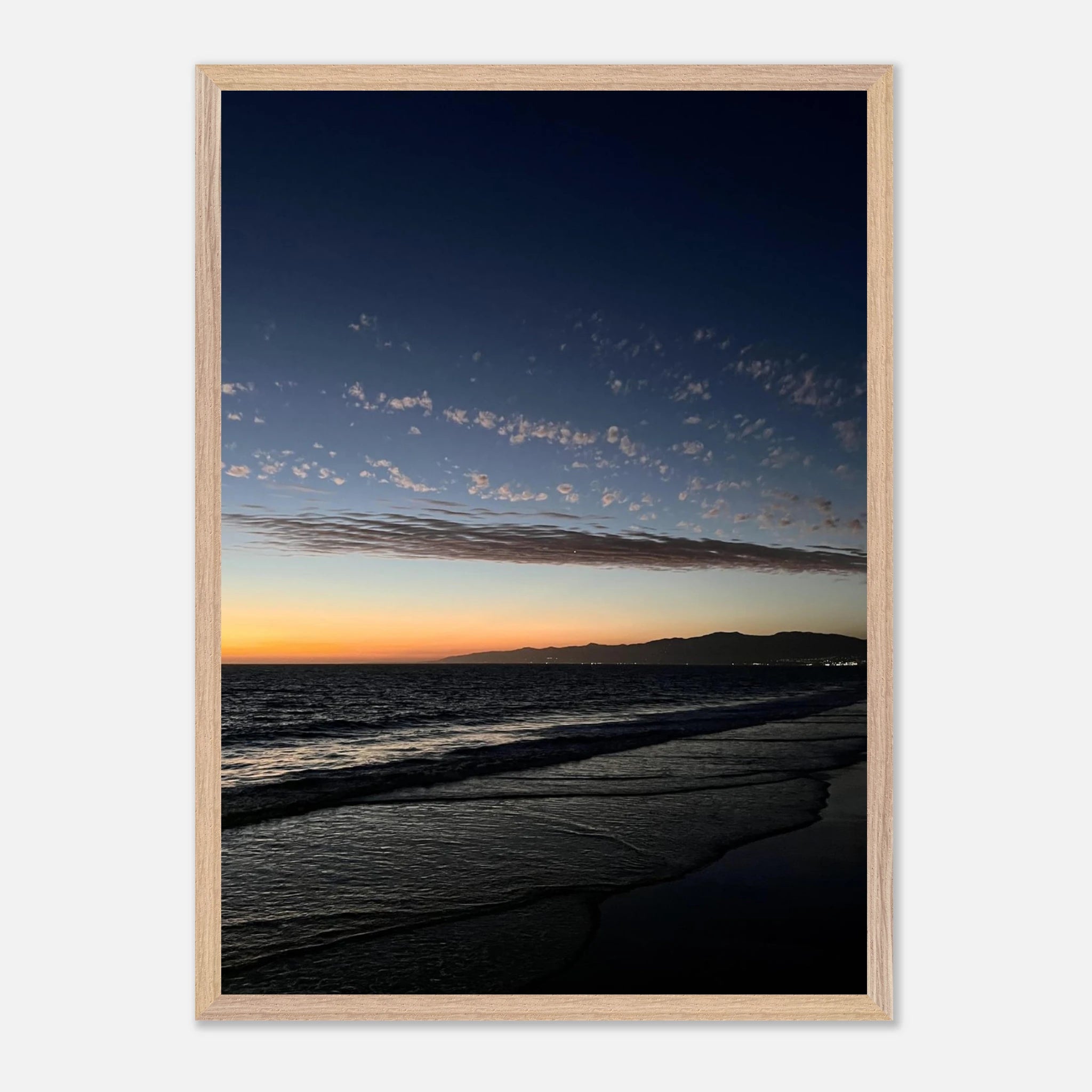 Premium wooden framed SoCal fall sunset poster with vibrant artwork, mounted in a semi-gloss finish, ideal for home décor.