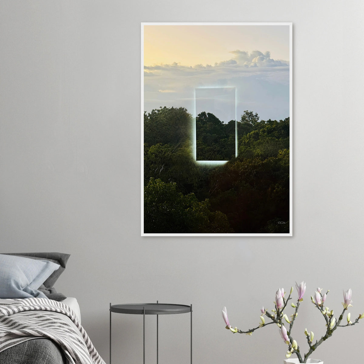 Color print titled "A Window into Jungle Stillness" by CaliCuration, showcasing a vibrant jungle scene in a natural, artistic style.