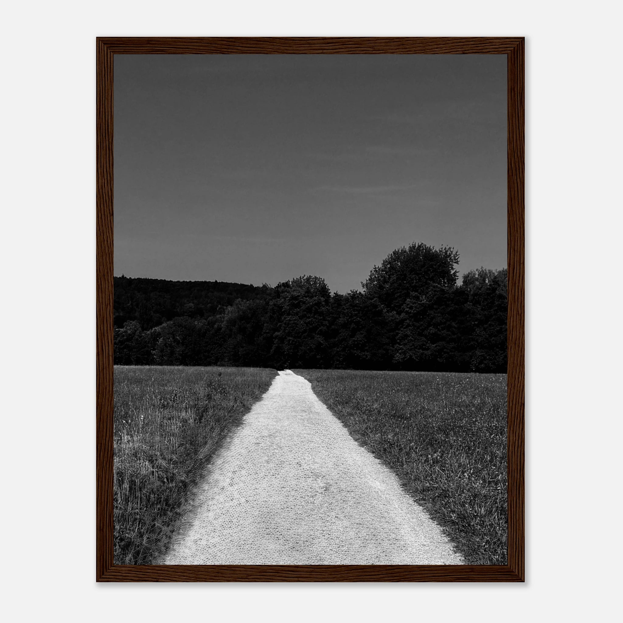 Black and white framed print of a summer road scene from the Travel Collection, featuring a timeless, chic design on semi-glossy paper.