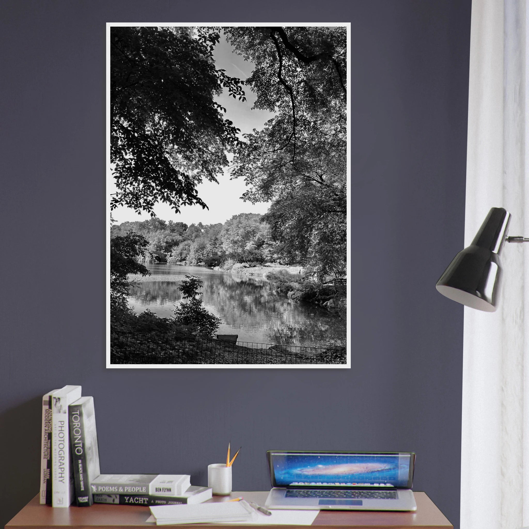 Black and white framed poster of Upstate NY summer lake scene from the Travel Collection by My Store, Studio Edition print.
