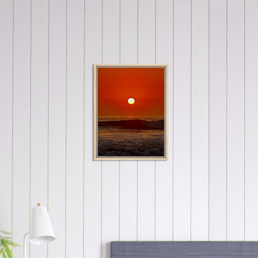 Southern California Red Sunset framed canvas print by CaliCuration, showcasing a vibrant sunset scene on high-quality print material.