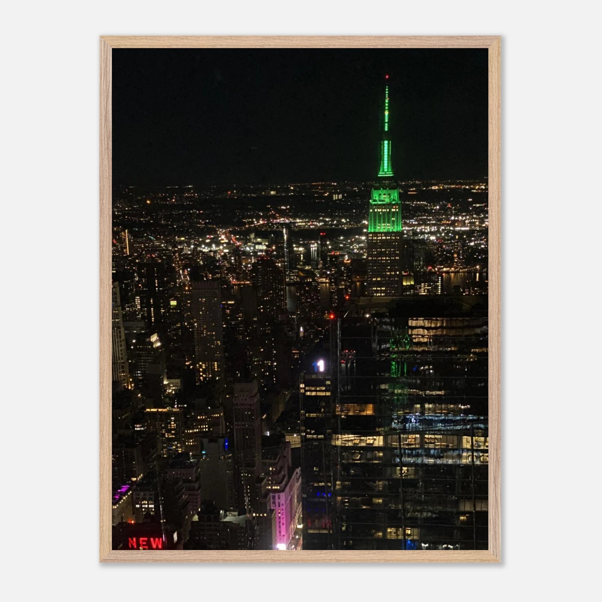 Wood-mounted framed poster of NYC downtown night view featuring the Empire State Building from the Travel Collection, Studio Edition.