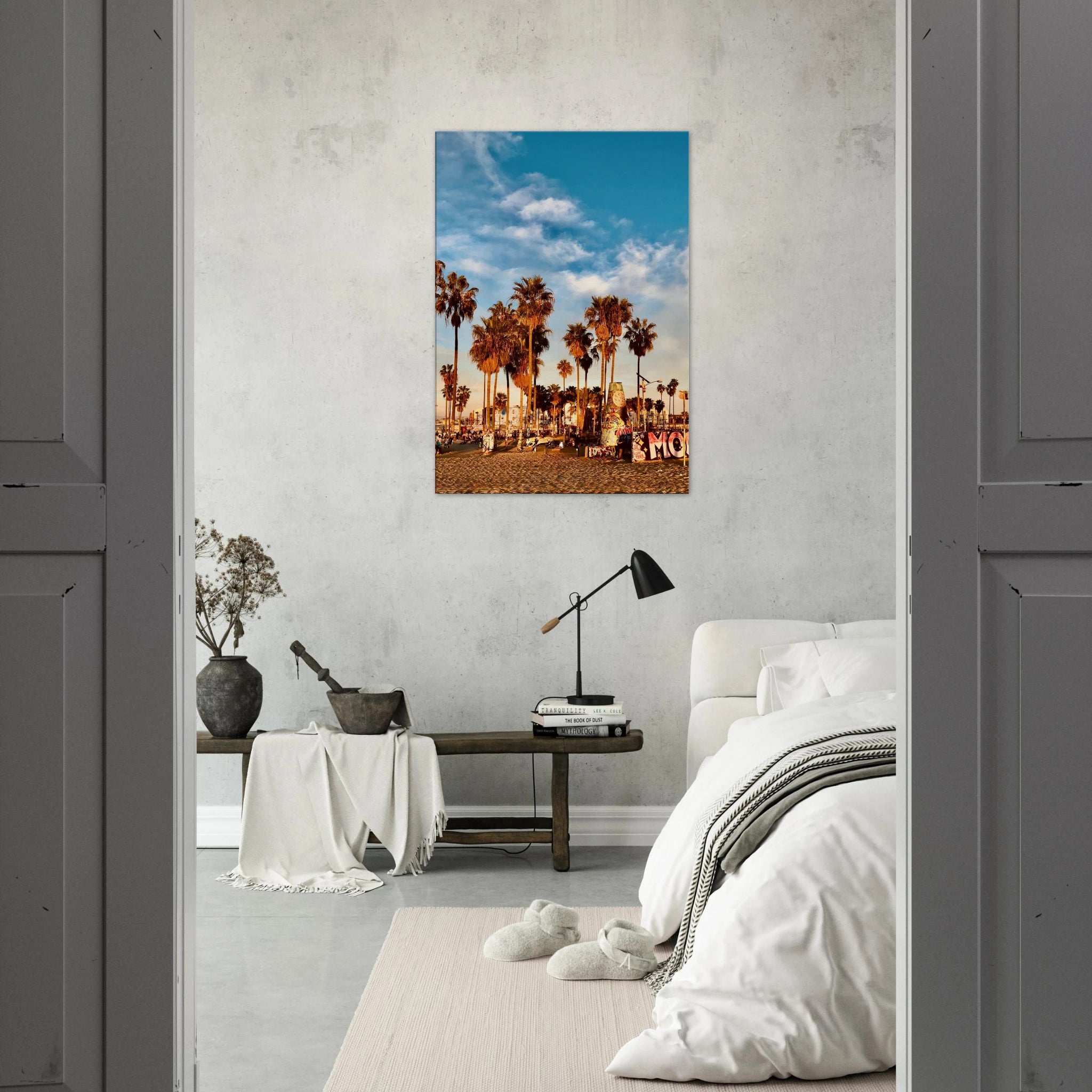 SoCal Beach canvas print featuring edgy palm trees and graffiti design, California-themed studio edition artwork.