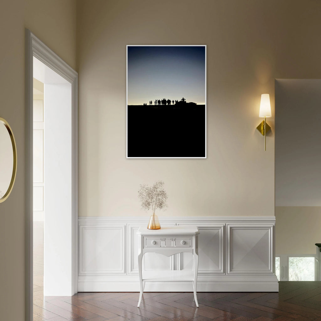 Black and white framed poster of Hollywood Hills city lights, California art print from the Summer Hike series by My Store.