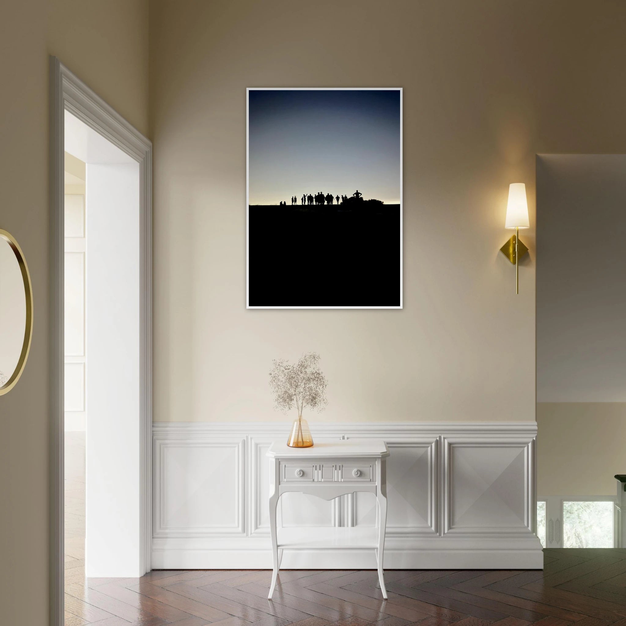 Black and white framed poster of Hollywood Hills city lights, California art print from the Summer Hike series by My Store.