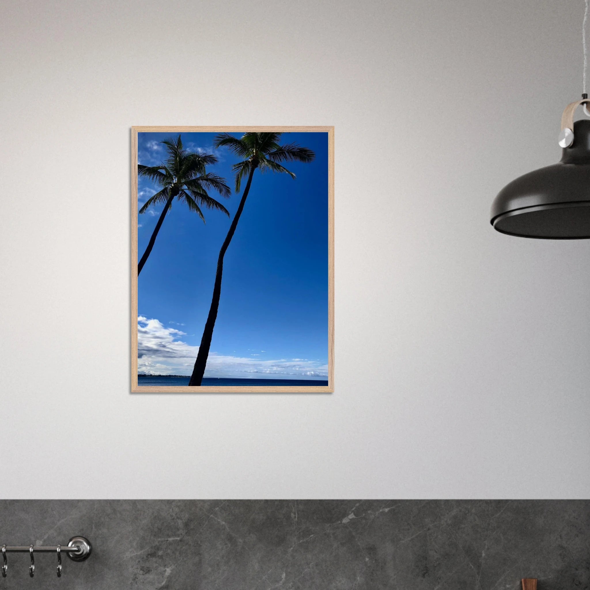 Framed Hawaii travel poster featuring iconic palm tree twins and Pacific waves, printed on high-quality material by CaliCuration.