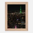Wood-mounted framed poster of NYC downtown night view with Empire State Building, part of the Studio Edition Travel Collection.