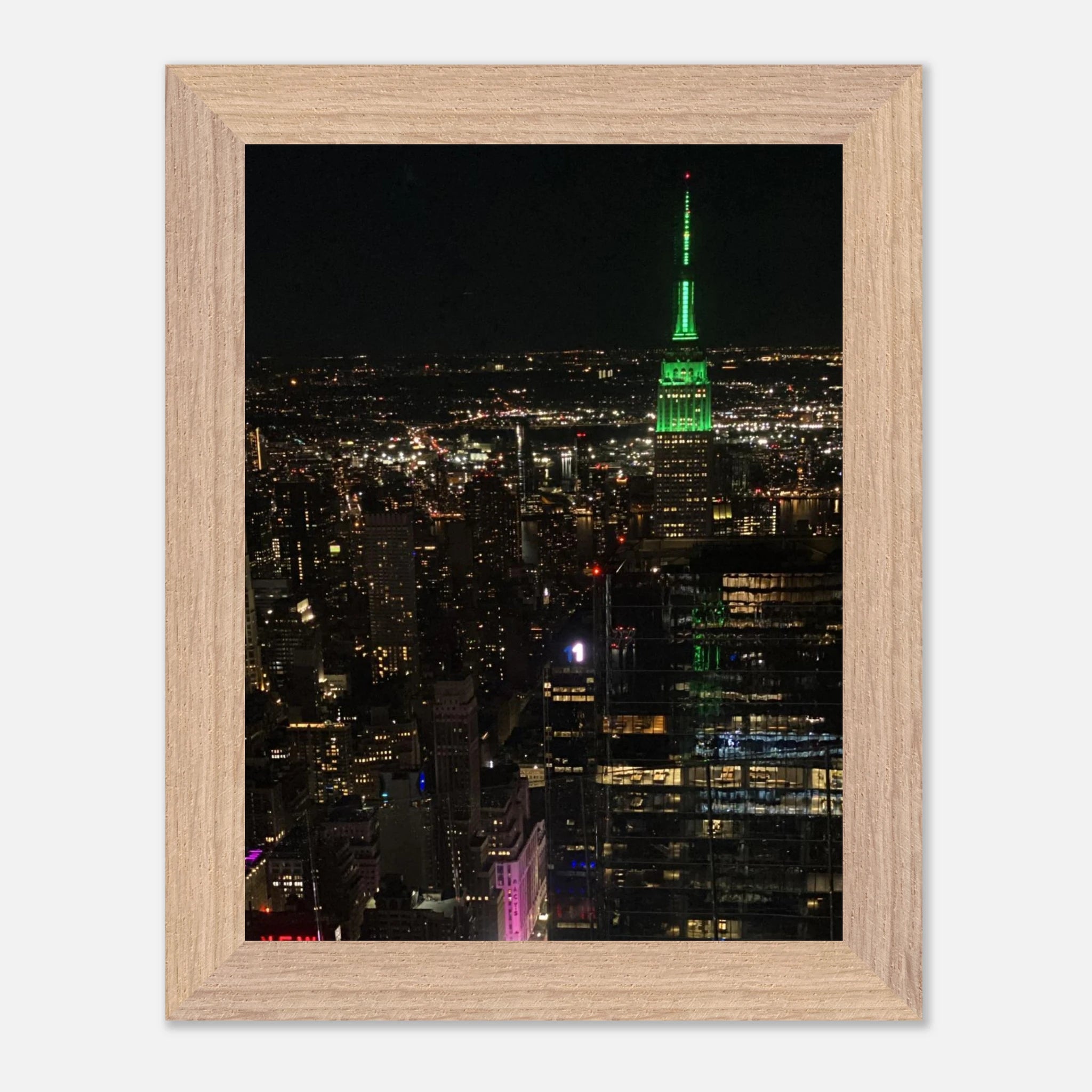Wood-mounted framed poster of NYC downtown night view with Empire State Building, part of the Studio Edition Travel Collection.