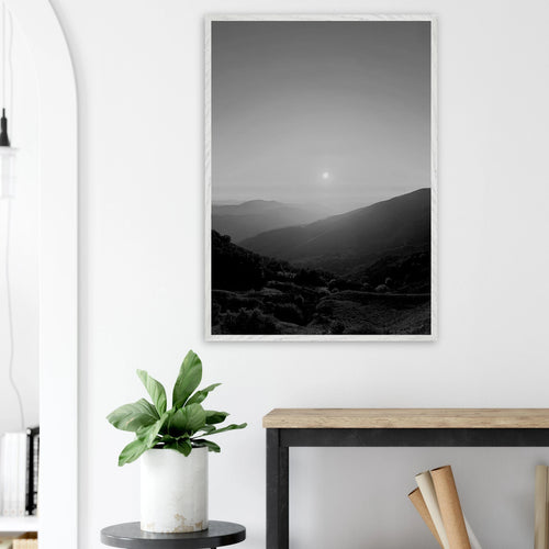 Black and white framed print of California Central Coast sunset wall art, showcasing coastal scenery and scenic landscape.