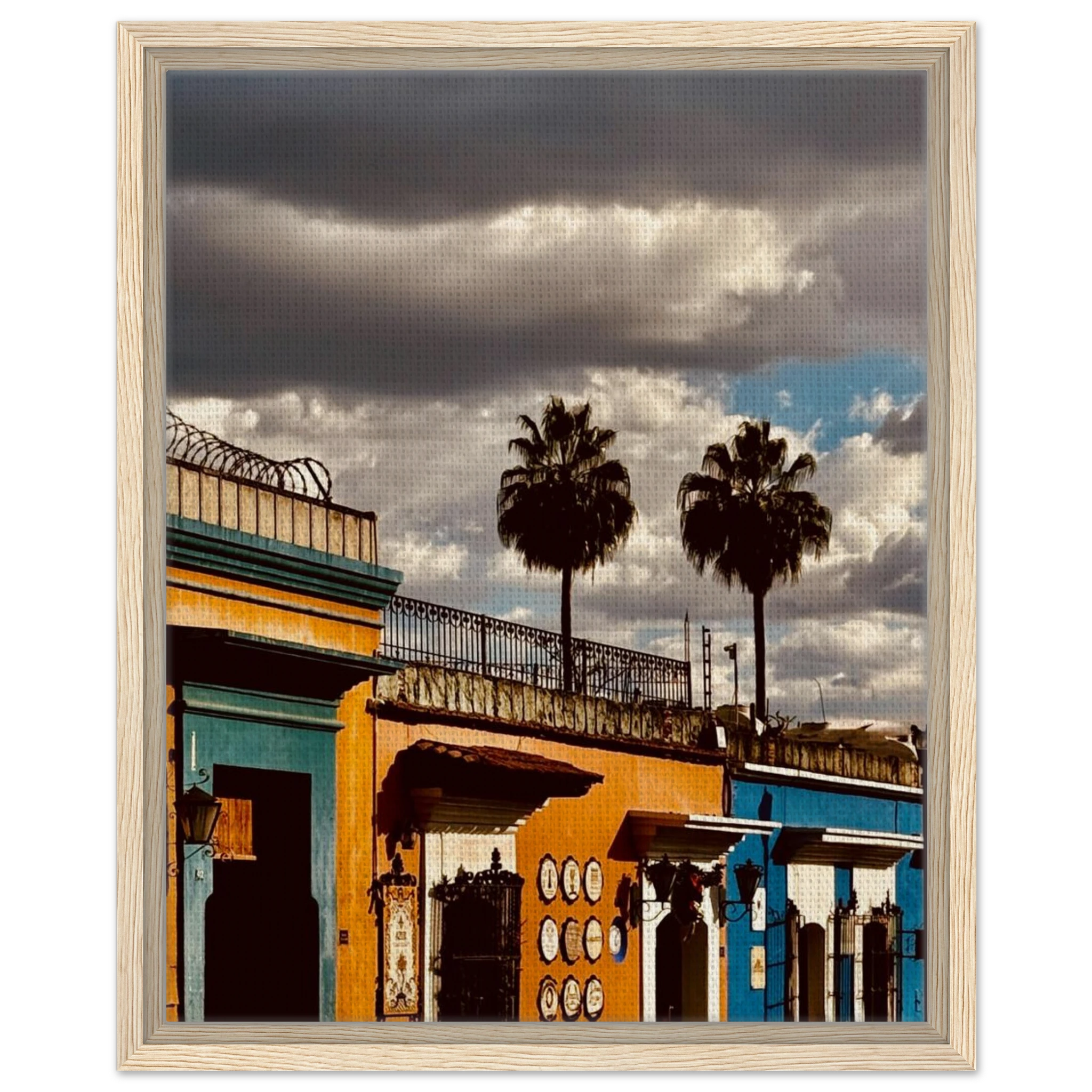 Framed canvas print of Oaxaca two palm trees from CaliCuration's Mexico travel collection, showcasing vibrant tropical scenery.