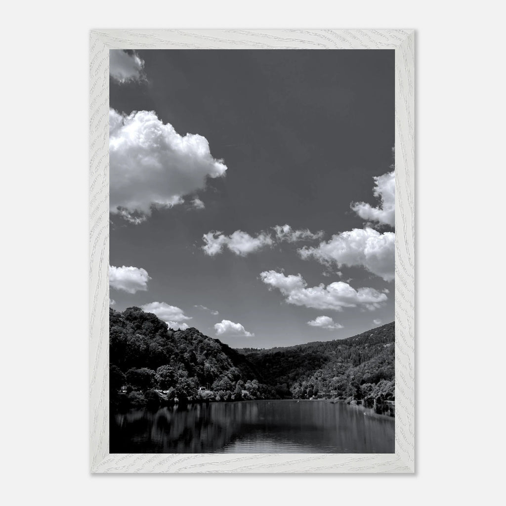 Black and white framed poster of a German river view from the Studio Edition Spring 2026 travel collection, mounted on print material