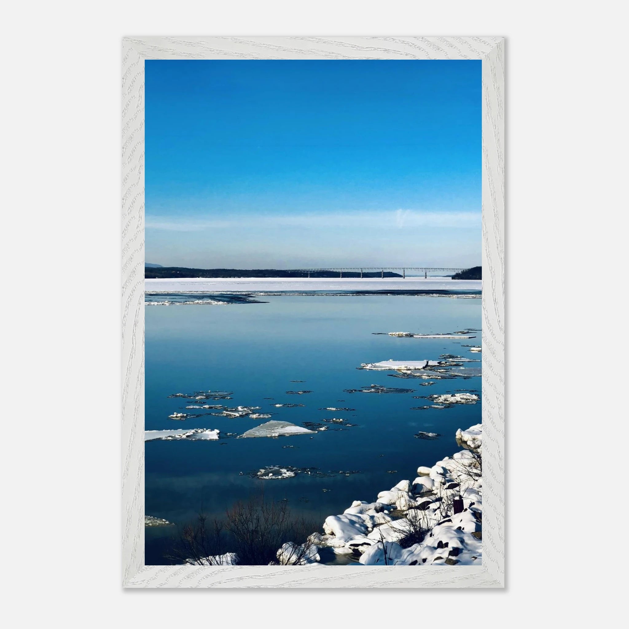Wooden framed Hudson Valley winter poster featuring snowy landscape, part of Studio Edition travel collection.