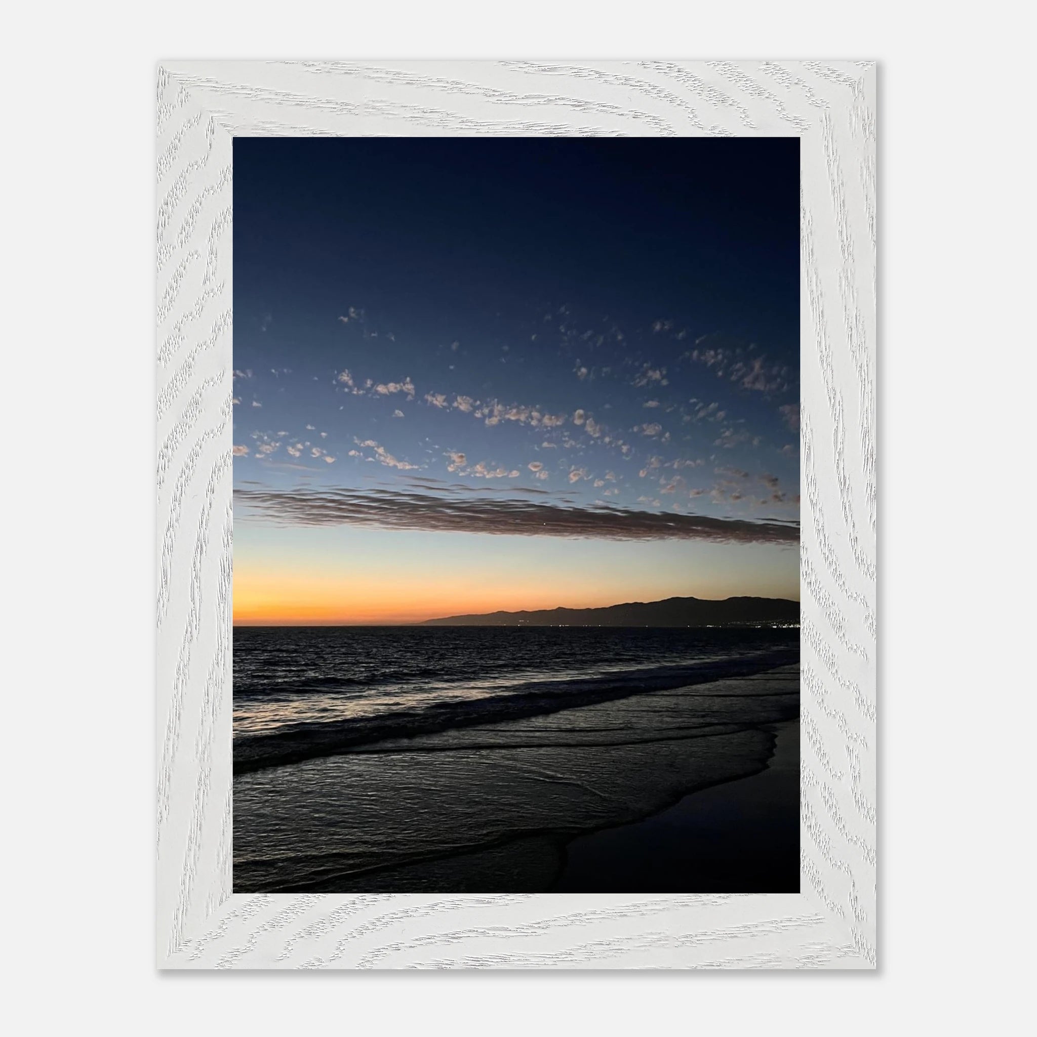 Premium wooden framed poster of a vibrant SoCal fall sunset, California-themed artwork, perfect for home décor, studio edition.