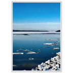 Wooden framed Hudson Valley winter poster print with snowy landscape, showcasing a travel-themed holiday scene in a stylish studio edition.