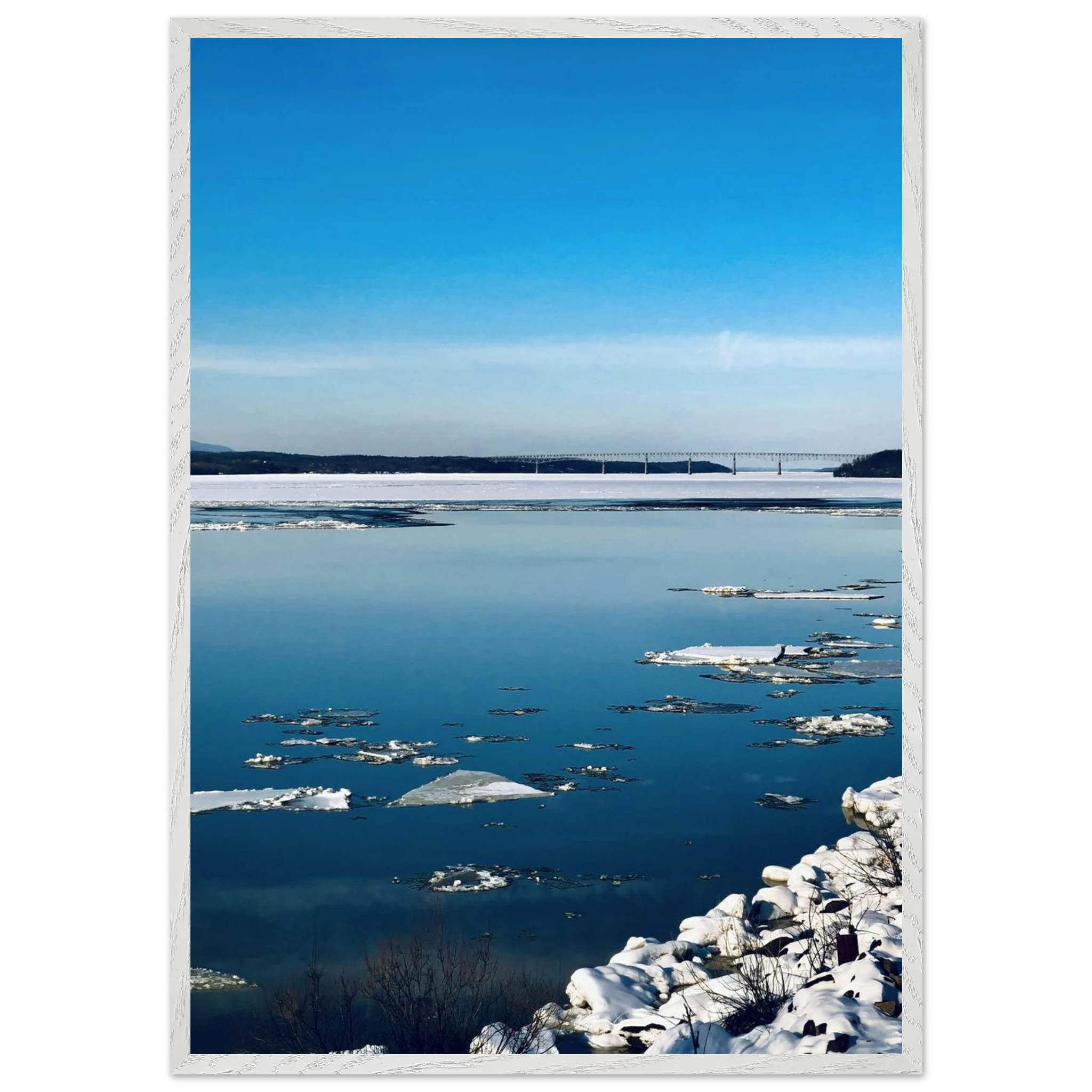 Wooden framed Hudson Valley winter poster print with snowy landscape, showcasing a travel-themed holiday scene in a stylish studio edition.