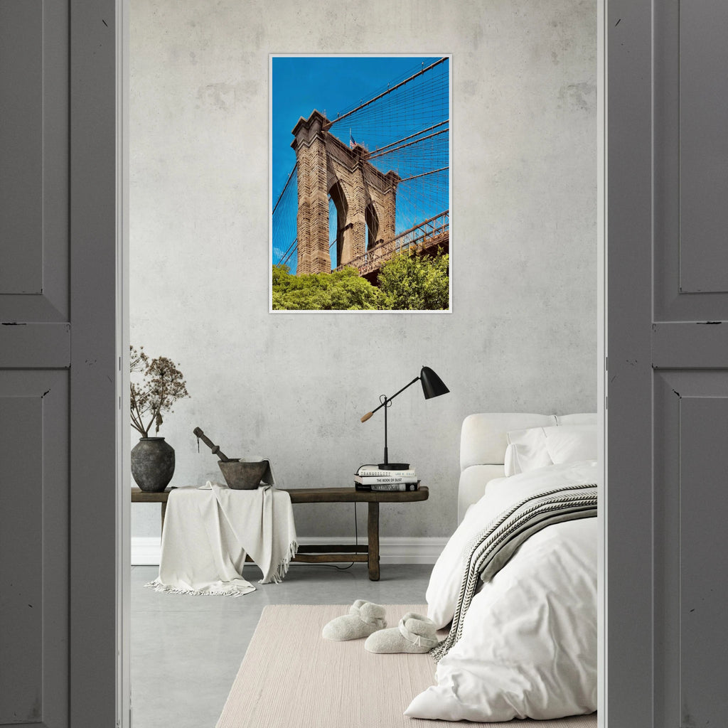 Framed NYC Brooklyn Bridge poster featuring a Dumbo view, showcasing city skyline and bridge detail, from the Travel Collection.