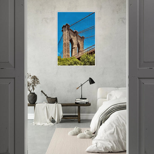 Framed Brooklyn Bridge poster featuring DUMBO NYC skyline wall art, printed on high-quality material.