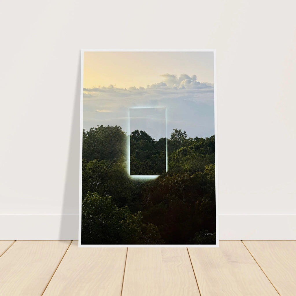 Color print of "A Window into Jungle Stillness" by CaliCuration, showcasing lush jungle scenery in vibrant hues.