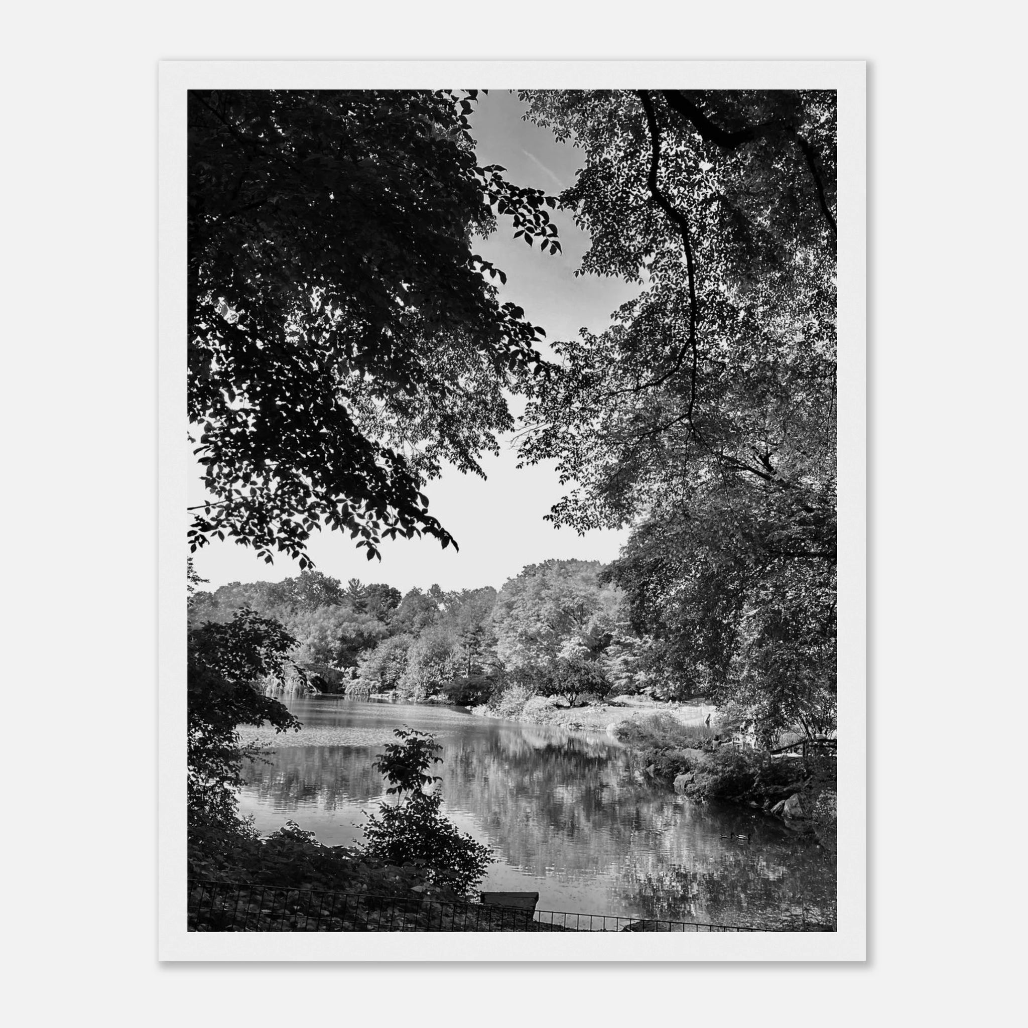 Black and white framed print of Upstate NY summer lake scene from My Store's travel collection, perfect for home decor.