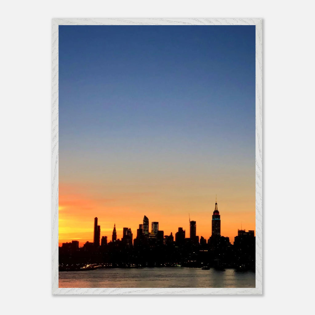 Manhattan skyline sunset framed poster featuring NYC wall art, printed on high-quality print material.