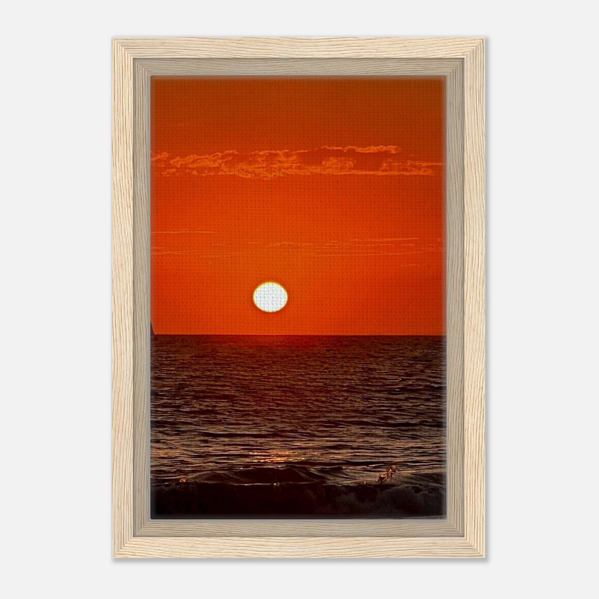 Framed canvas print of California Red Sunset Series 1/3 by CaliCuration, featuring vibrant red hues in a captivating sunset scene.