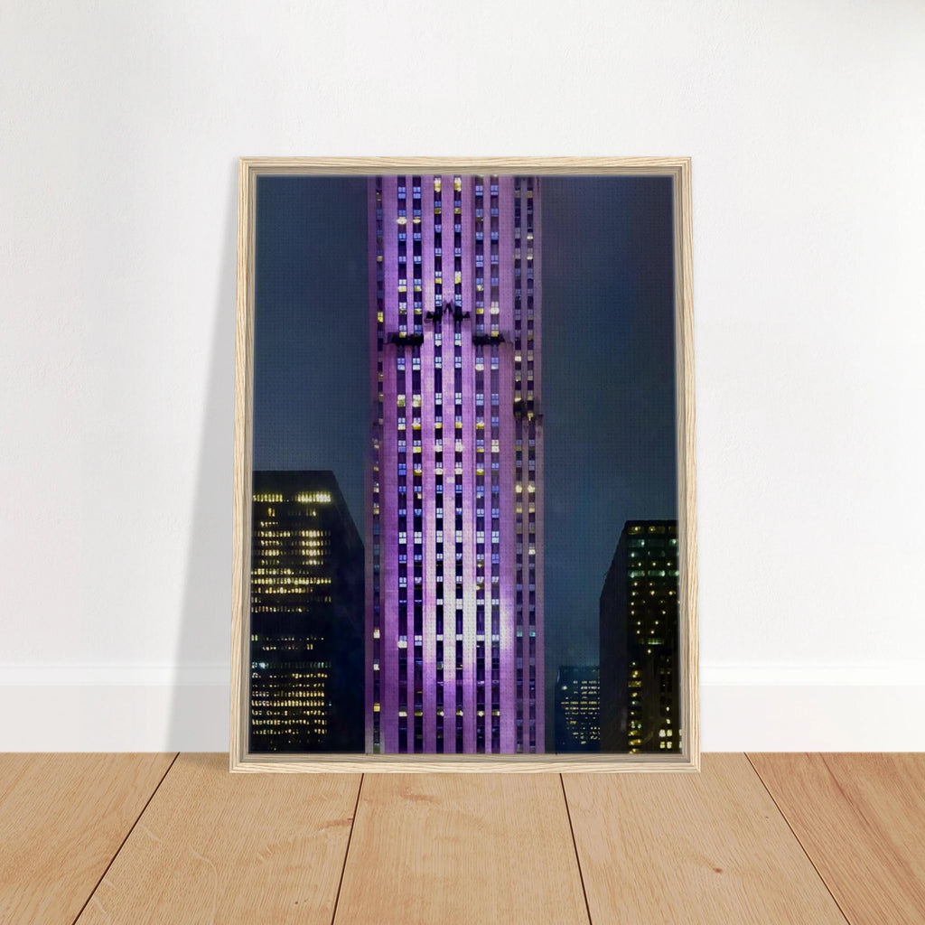 Framed canvas print of NYC holiday skyline with purple tones, part of My Store's Travel Collection, Studio Edition holiday artwork.