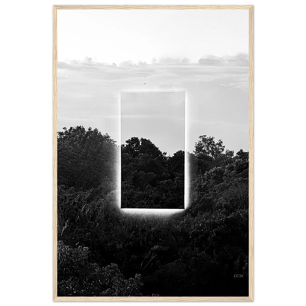 Black and white print titled "A Window into Jungle Stillness" by CaliCuration, showcasing a serene jungle scene in an exclusive edition