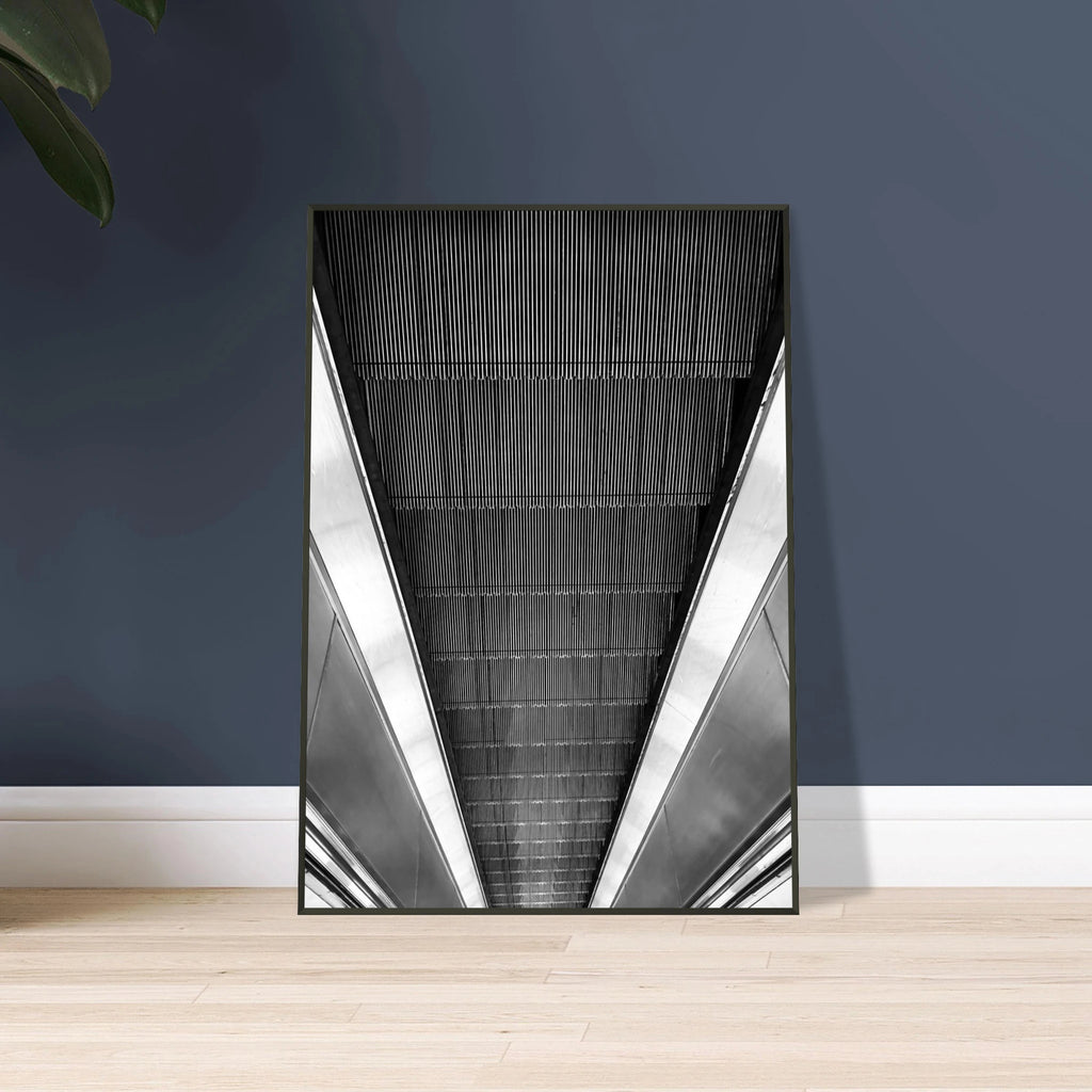 Black and white framed print of London Tube escalator abstract artwork from the Travel Collection by My Store, studio edition.