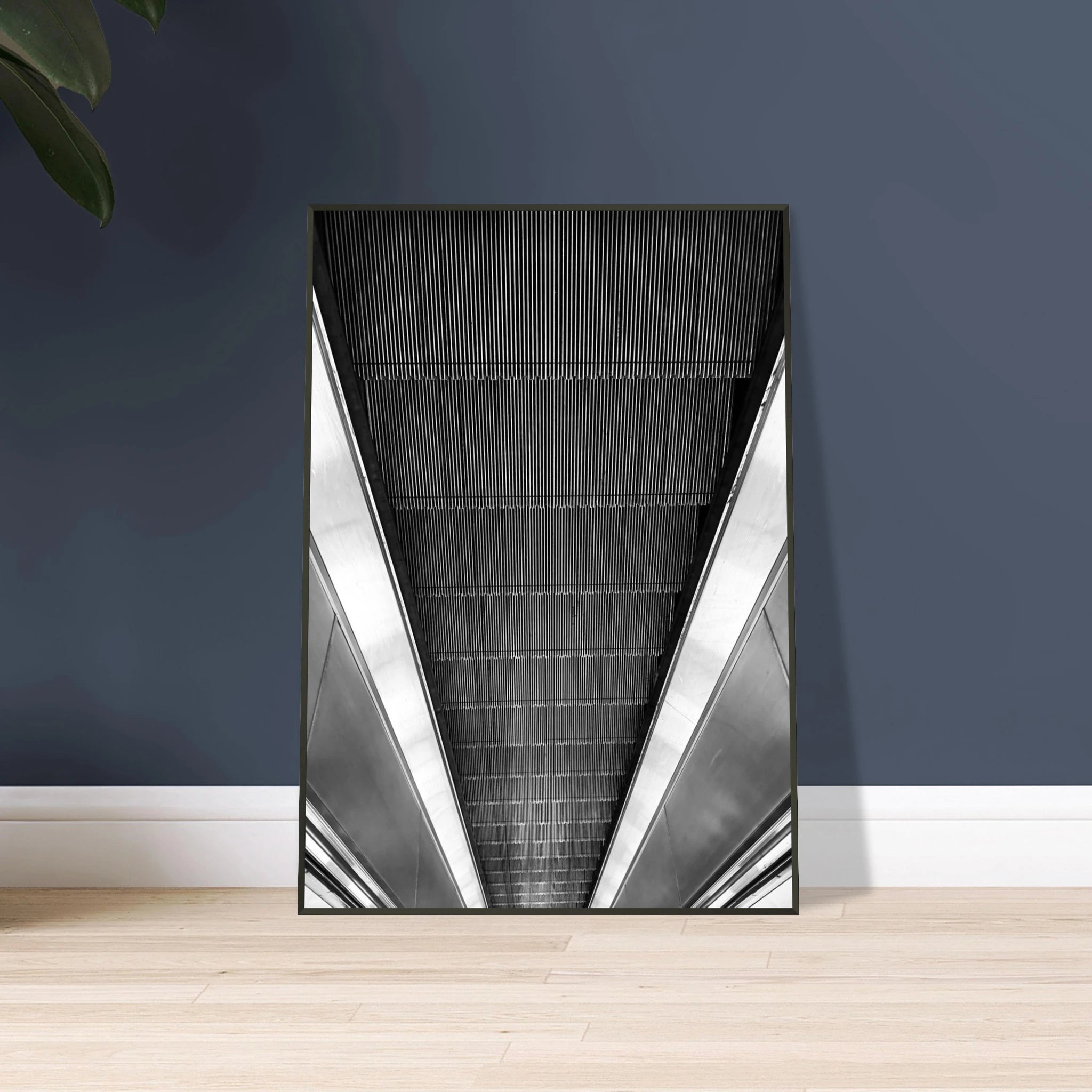 Black and white framed print of London's escalator scene from the London Tube Escalator Abstract Travel Collection.