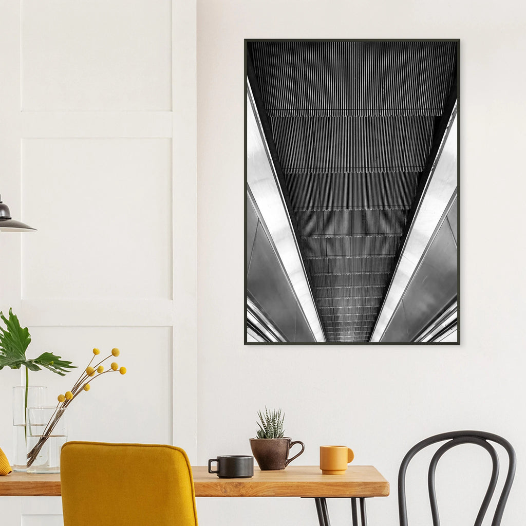 Black and white framed poster of London Tube escalator abstract print from the Travel Collection, Studio Edition, by My Store.