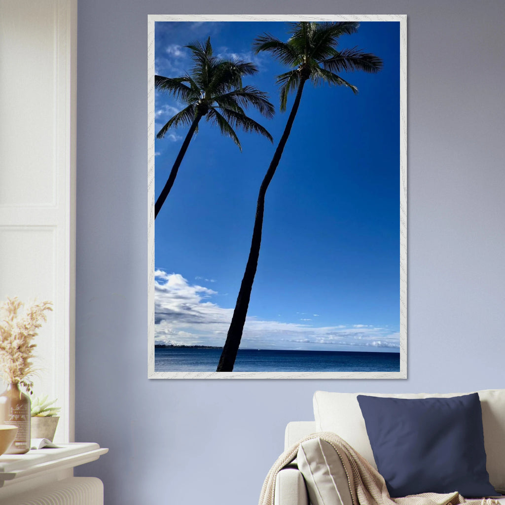 Framed Hawaii travel poster featuring iconic palm tree twins and Pacific waves, studio edition print by CaliCuration.