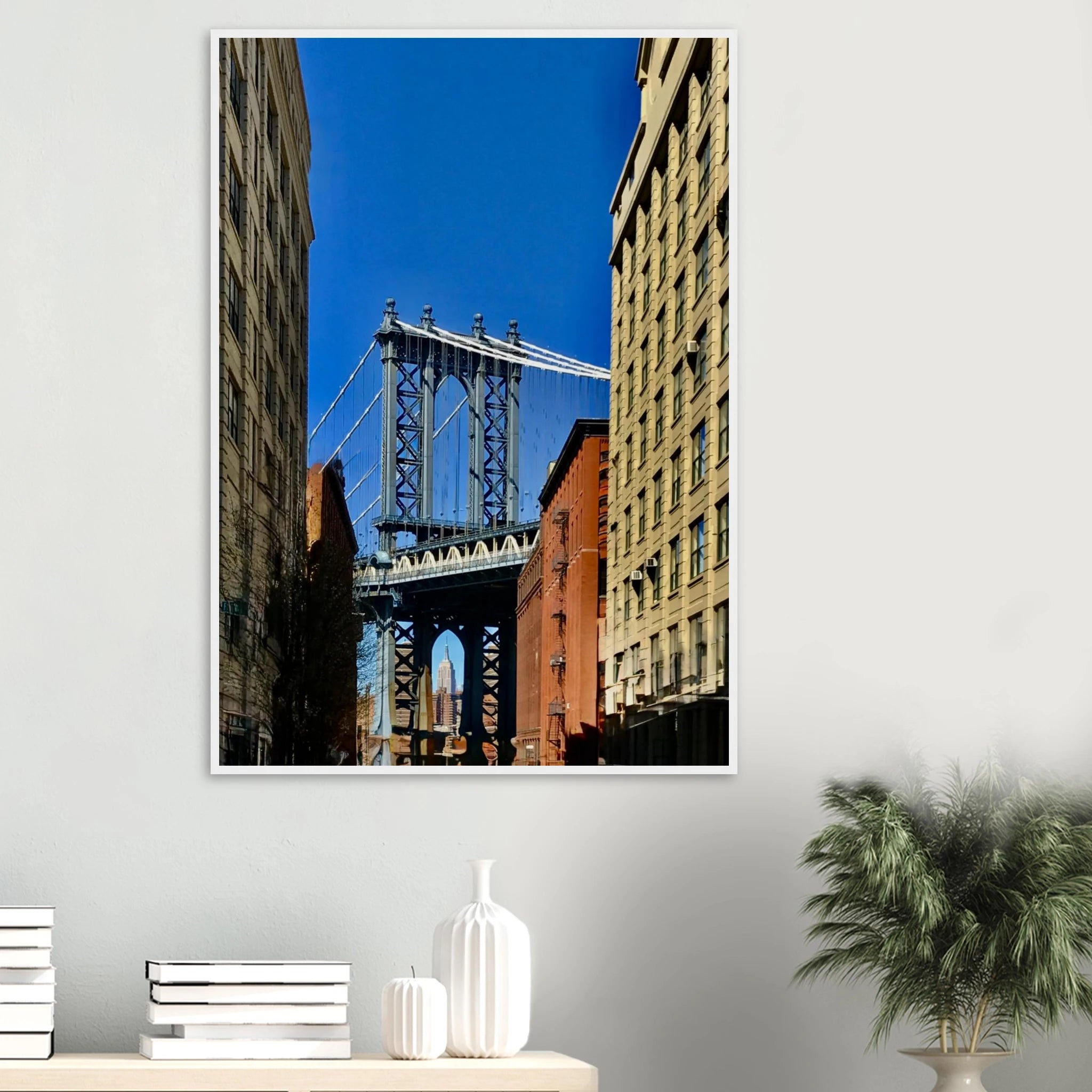 NYC Dumbo skyline wooden framed print by CaliCuration, featuring spring day travel-themed wall art with a scenic city view.