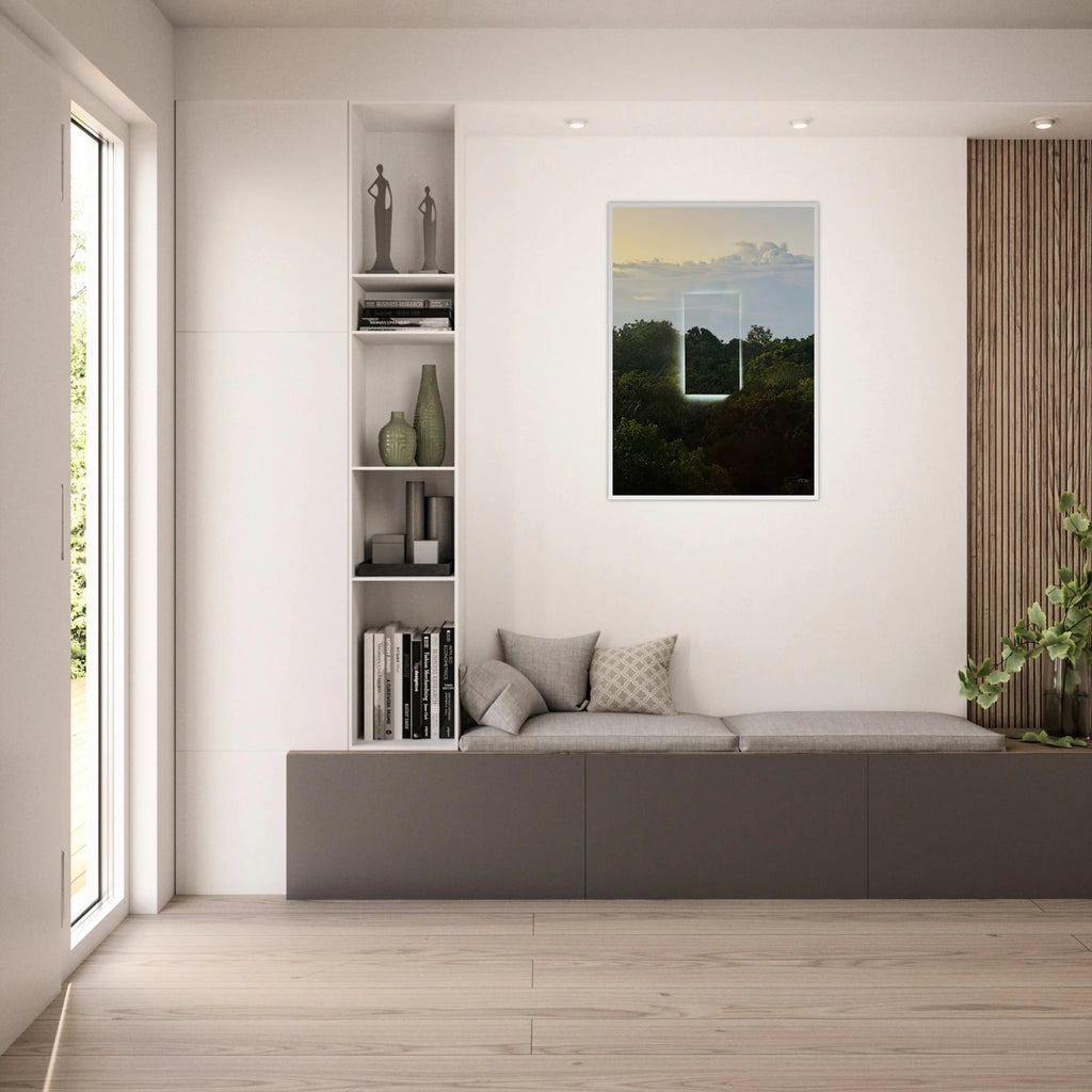Color print titled "A Window into Jungle Stillness" by CaliCuration, showcasing a serene jungle scene in vibrant colors.