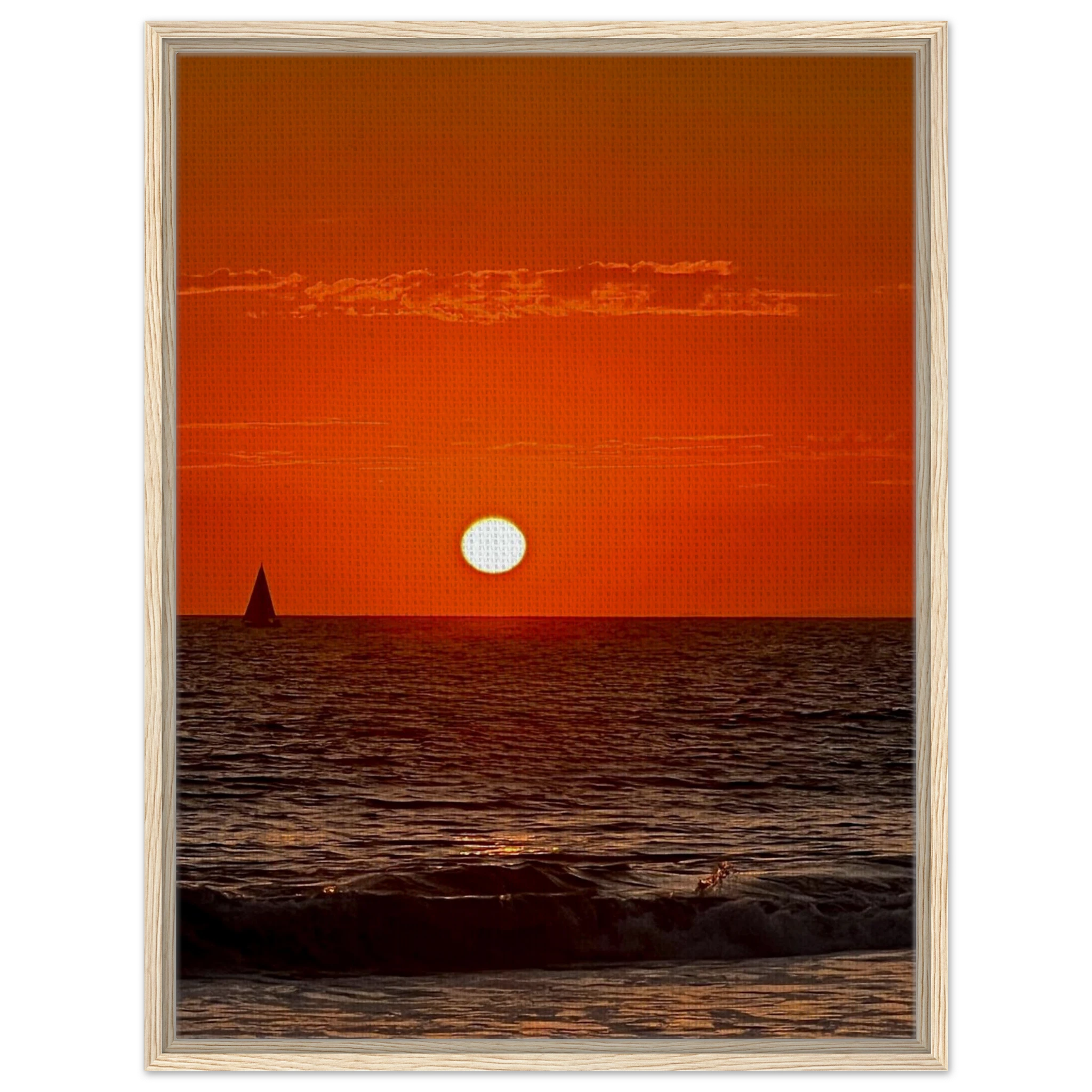 Framed canvas print of California Red Sunset Series 1/3 by CaliCuration, featuring vivid red sunset hues in a studio edition.