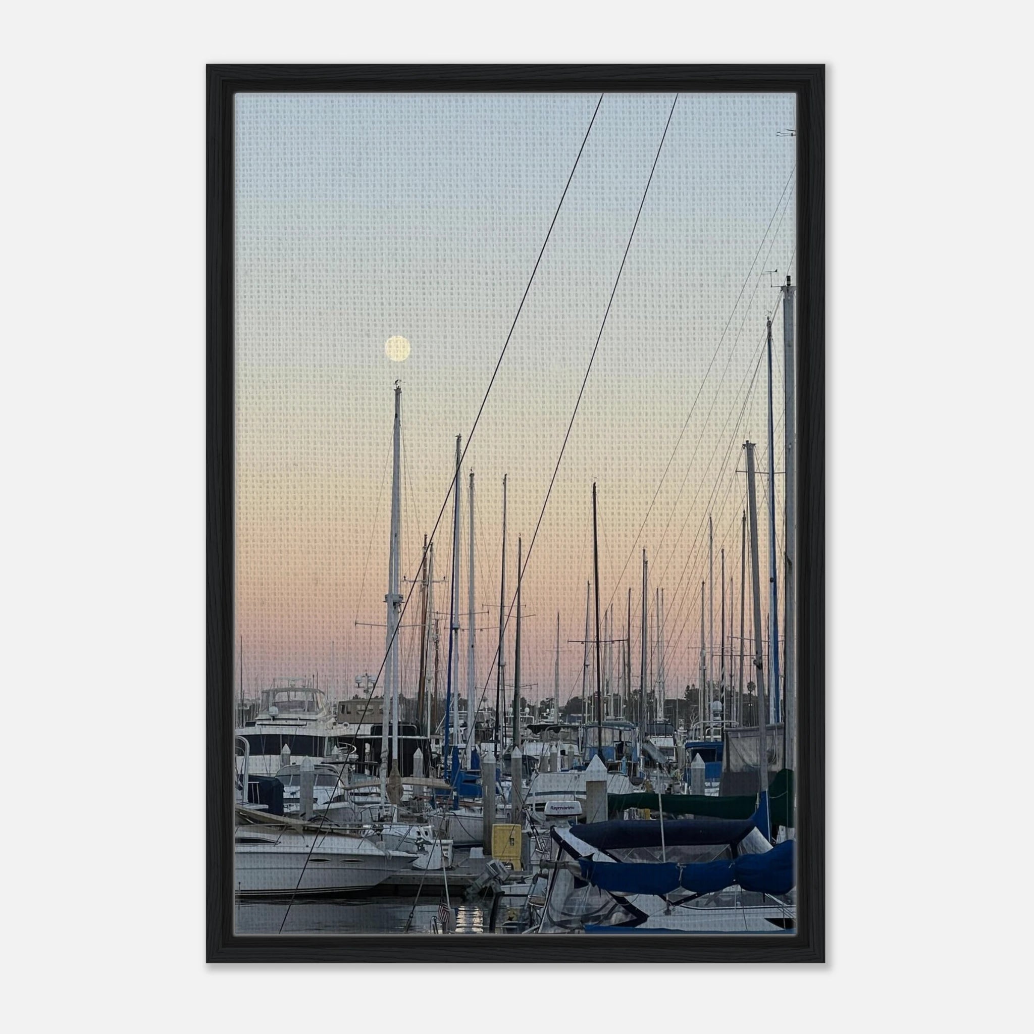 Framed canvas print of Summer Evening Marina Del Rey with nautical themes and chic tones, featuring a California coastal scene.