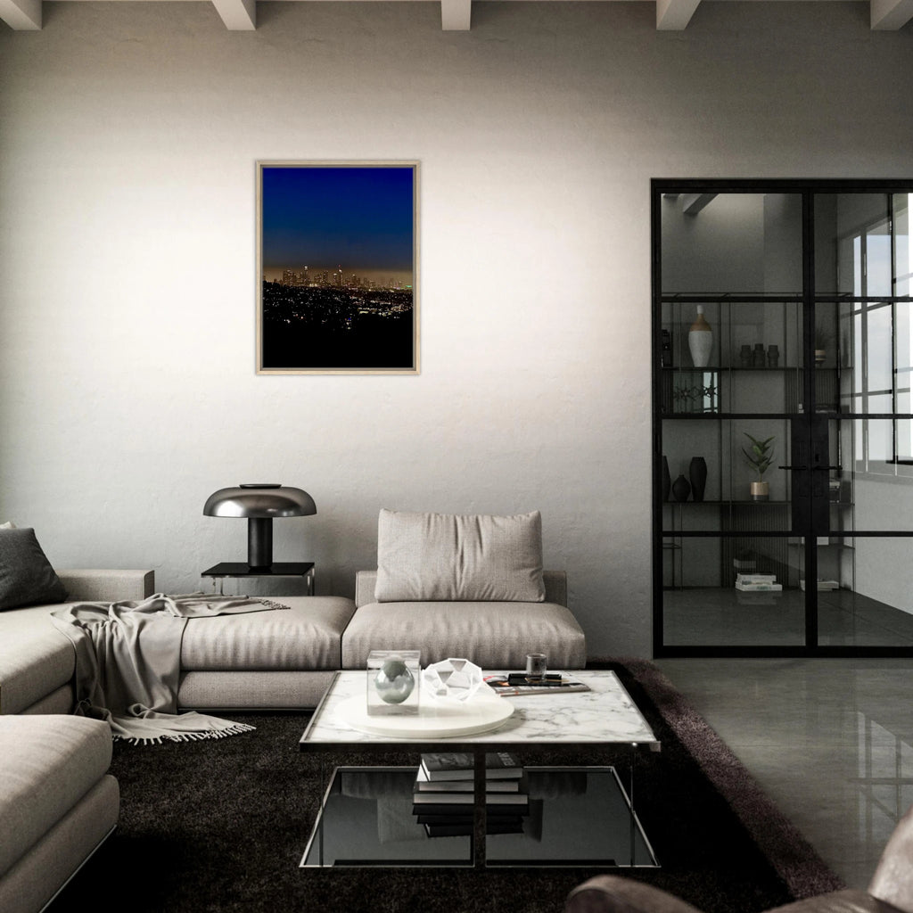 Wooden framed canvas print of Los Angeles Downtown Nightglow, elegant home wall art, California Studio Edition, holiday-themed artwork.