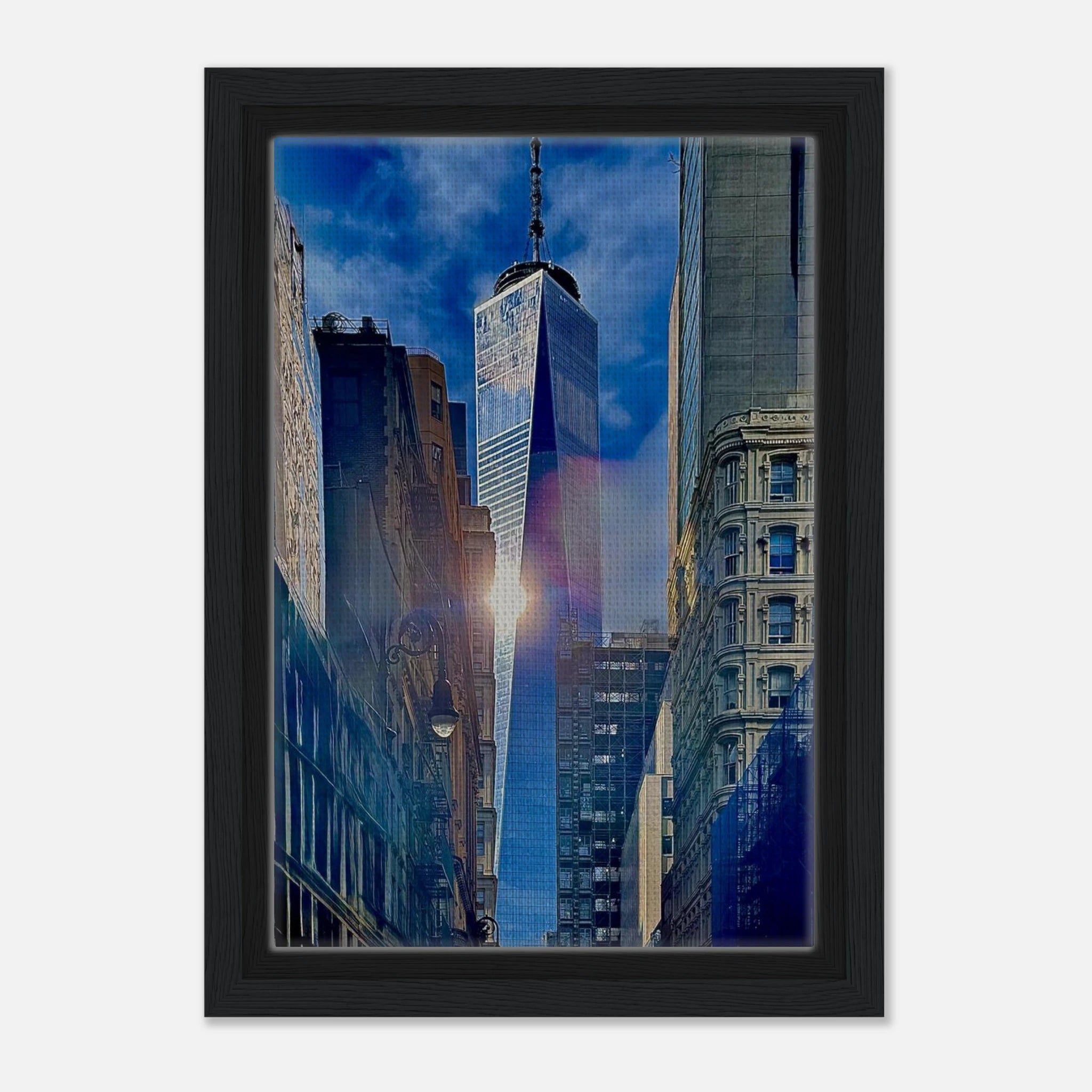 Framed canvas art print of sunlight reflection at One World Trade NYC, part of the Travel Collection, Studio Edition, by My Store.