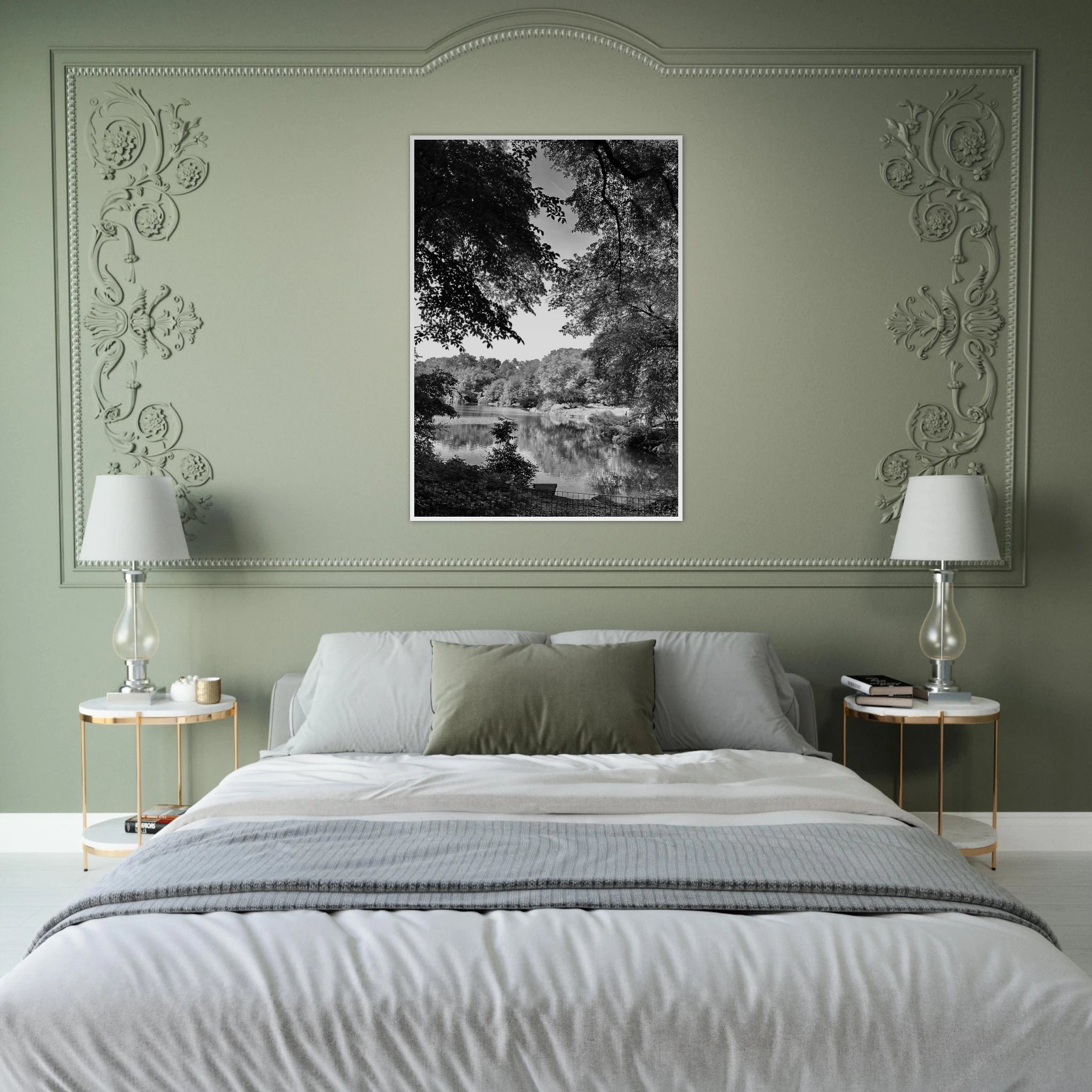 Framed black and white print of Upstate NY summer lake scene from My Store's travel collection, studio edition holiday series.