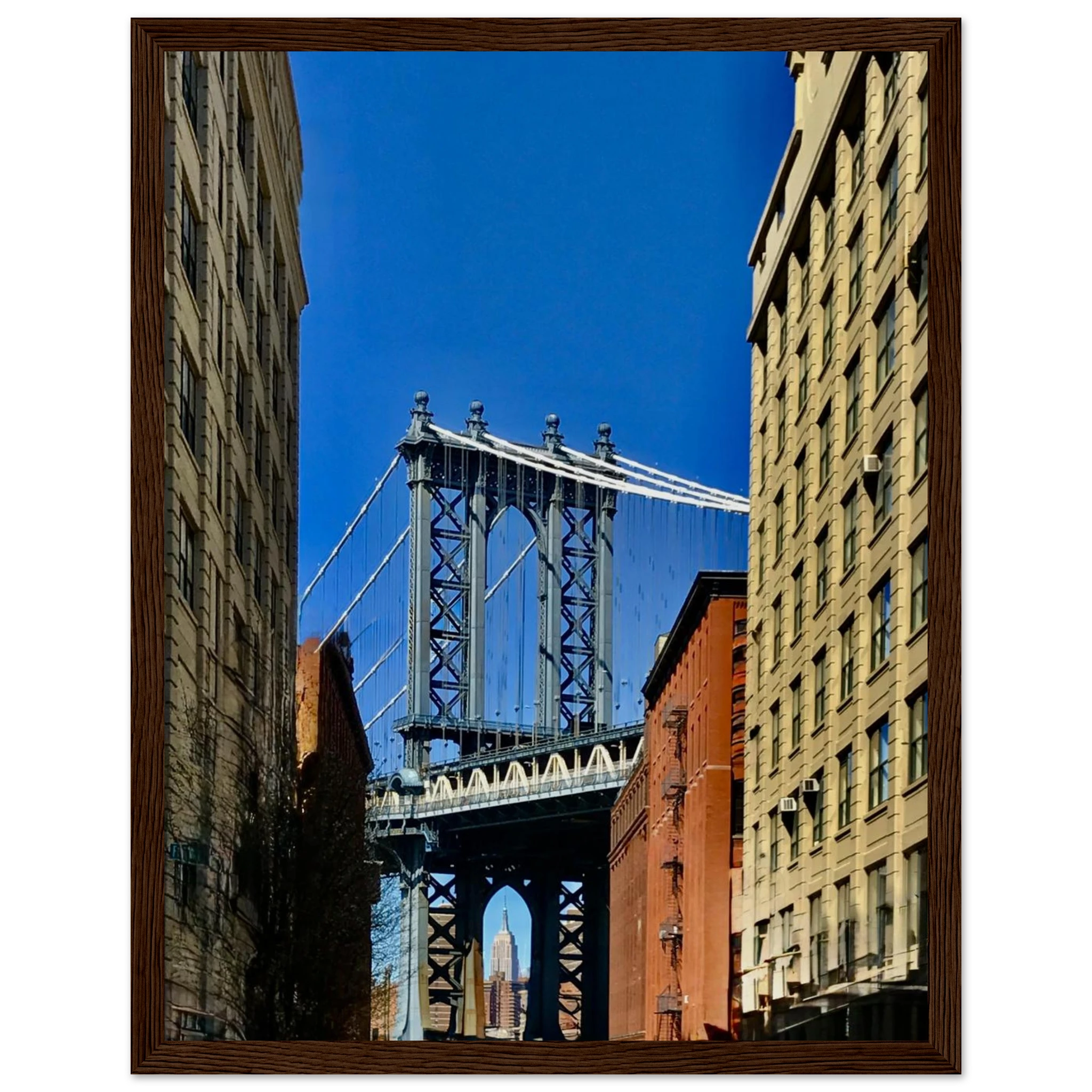 NYC Dumbo skyline wooden framed print by CaliCuration, featuring spring day travel-inspired wall art with vibrant cityscape details.