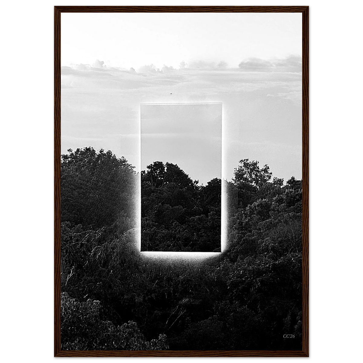 Black and white art print titled "A Window into Jungle Stillness" by CaliCuration, showcasing a tranquil jungle scene.