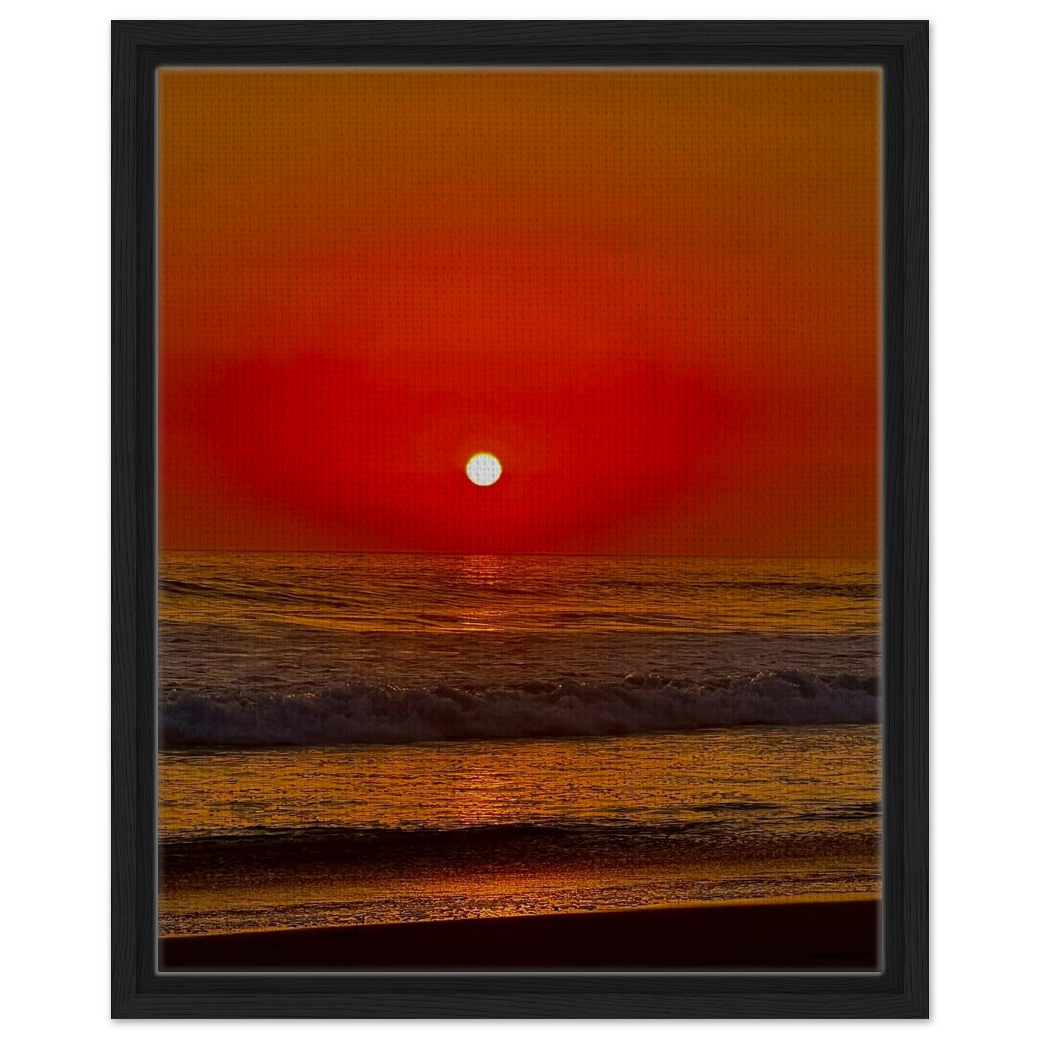 Framed canvas print of California Red Sunset Series 2/3 by CaliCuration showcasing vibrant red sunset hues and artistic studio edition.