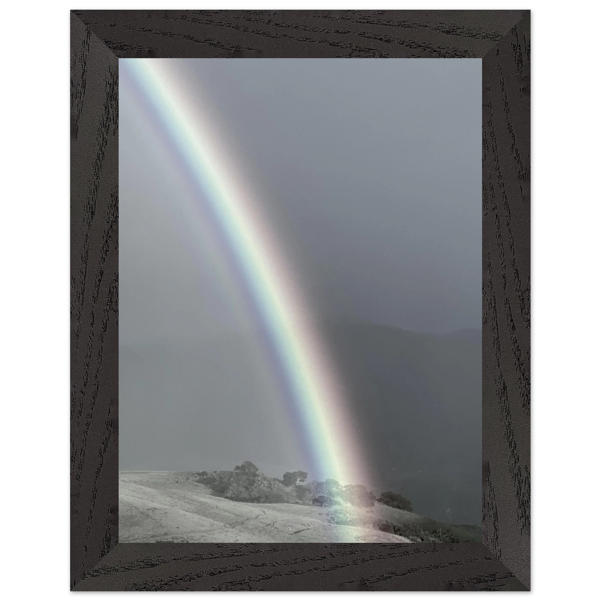 Black and white framed poster of a post-summer storm rainbow from the California Central Coast travel collection, studio edition print.