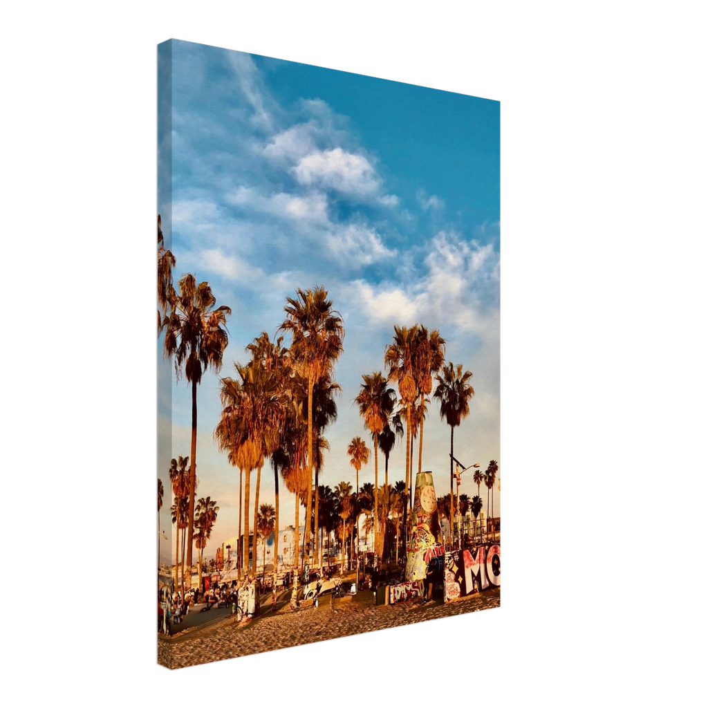 SoCal Beach canvas print featuring palm trees and graffiti California wall art, printed on high-quality canvas material.