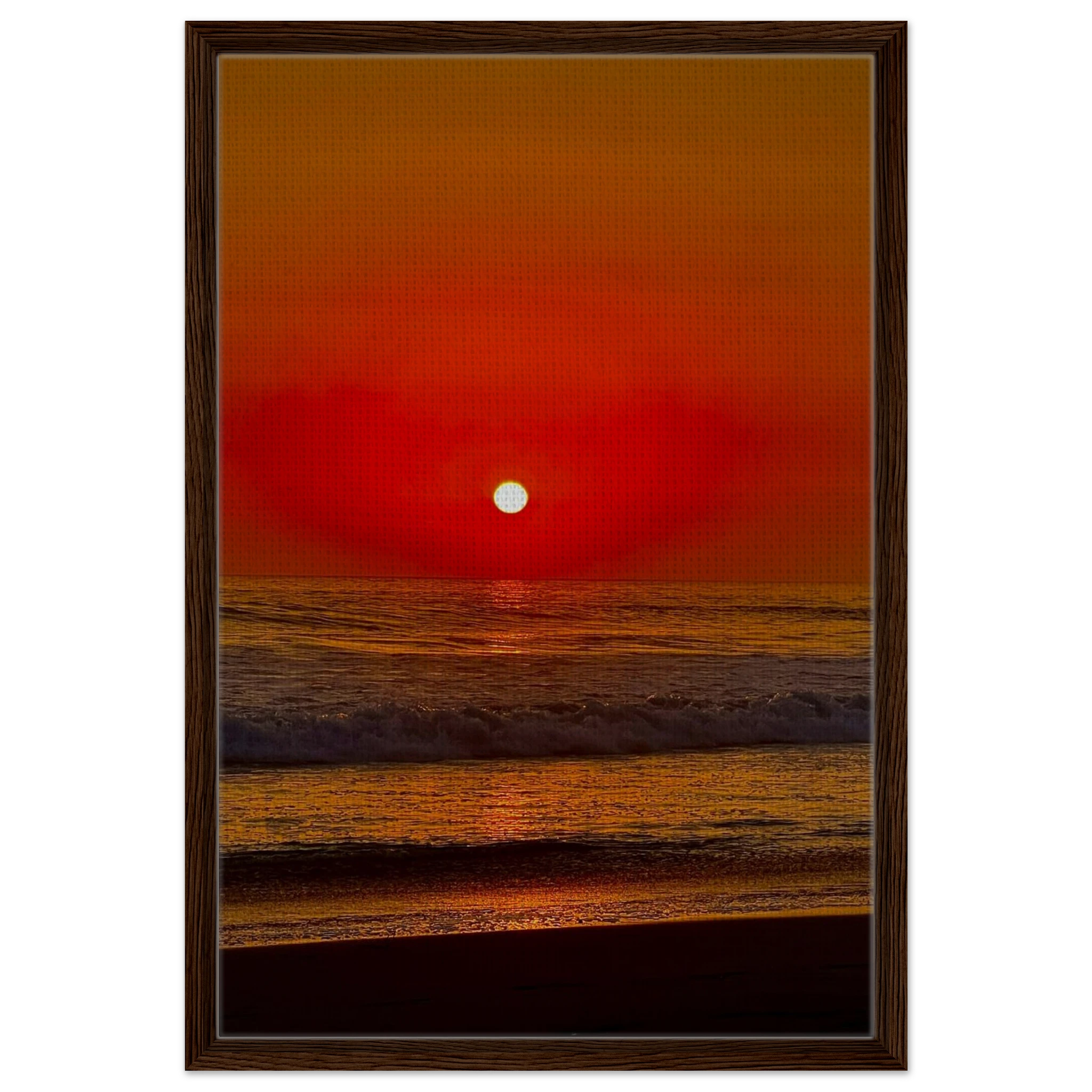 Framed canvas print of California Red Sunset Series 2/3 by CaliCuration, featuring vibrant red sunset hues in a studio edition.