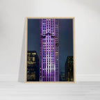 Framed canvas print of NYC holiday skyline in purple hues, part of the Travel Collection Studio Edition, titled Holiday 25.