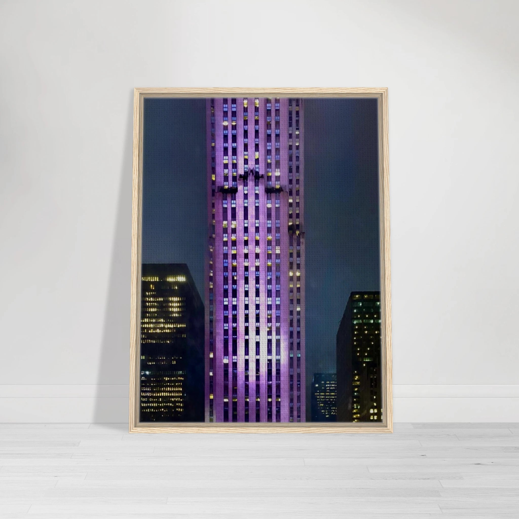 Framed canvas print of NYC holiday skyline in purple hues, part of the Travel Collection Studio Edition, titled Holiday 25.