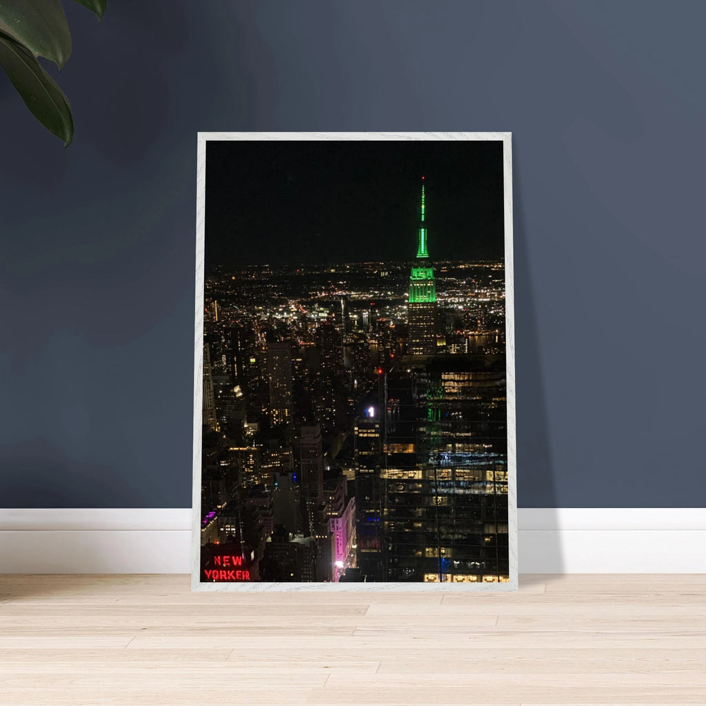 Premium wood-mounted framed print of NYC Downtown night view with Empire State Building, part of the Studio Edition Travel Collection.